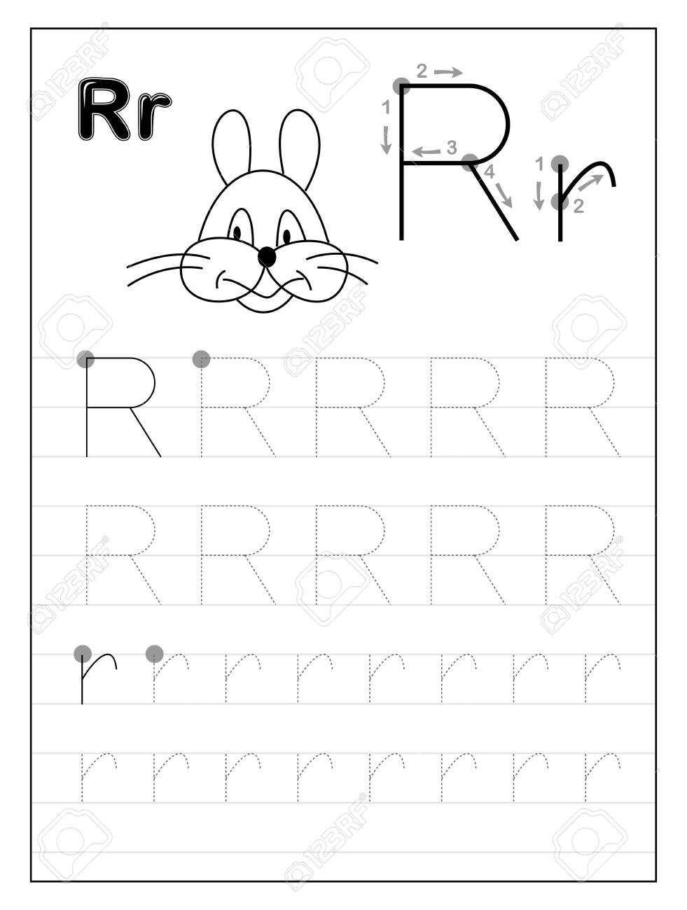 Tracing Alphabet Letter R. Black And White Educational Pages..