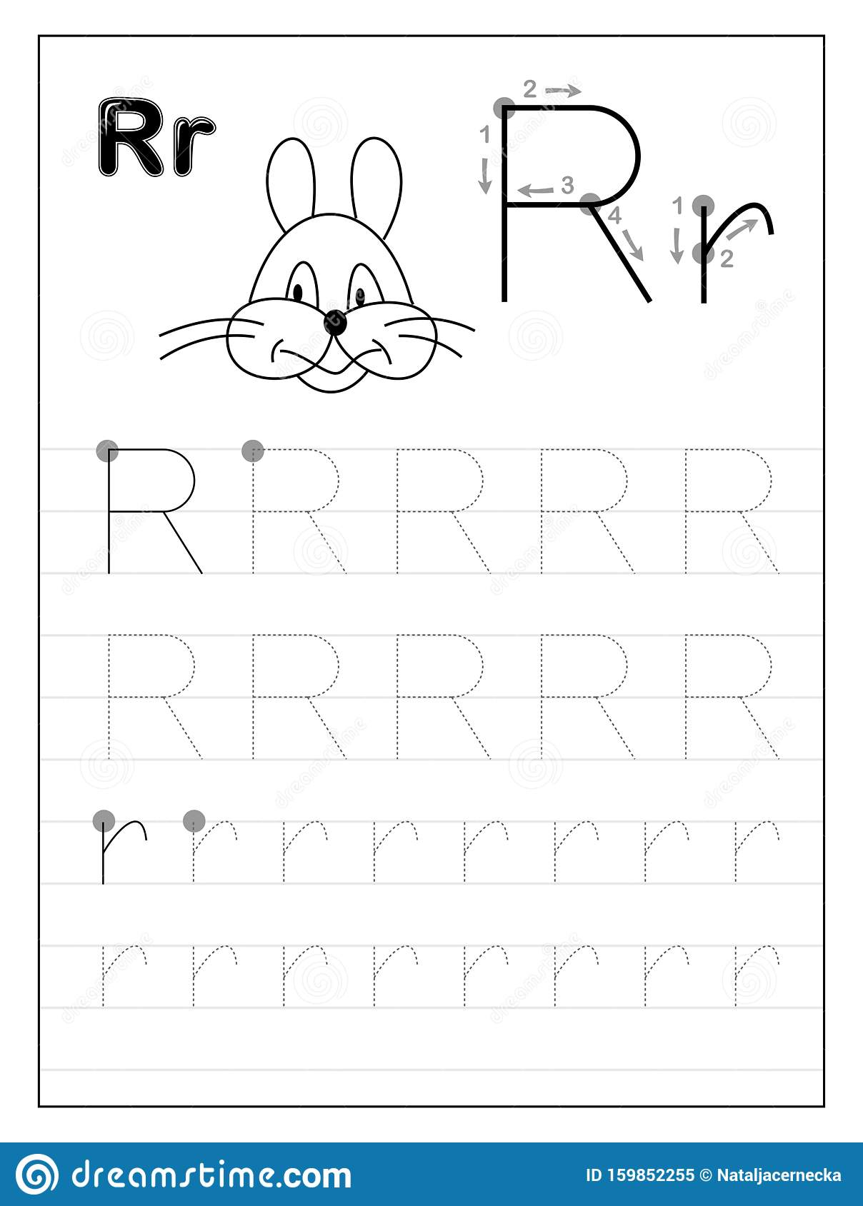 Tracing Alphabet Letter R. Black And White Educational Pages
