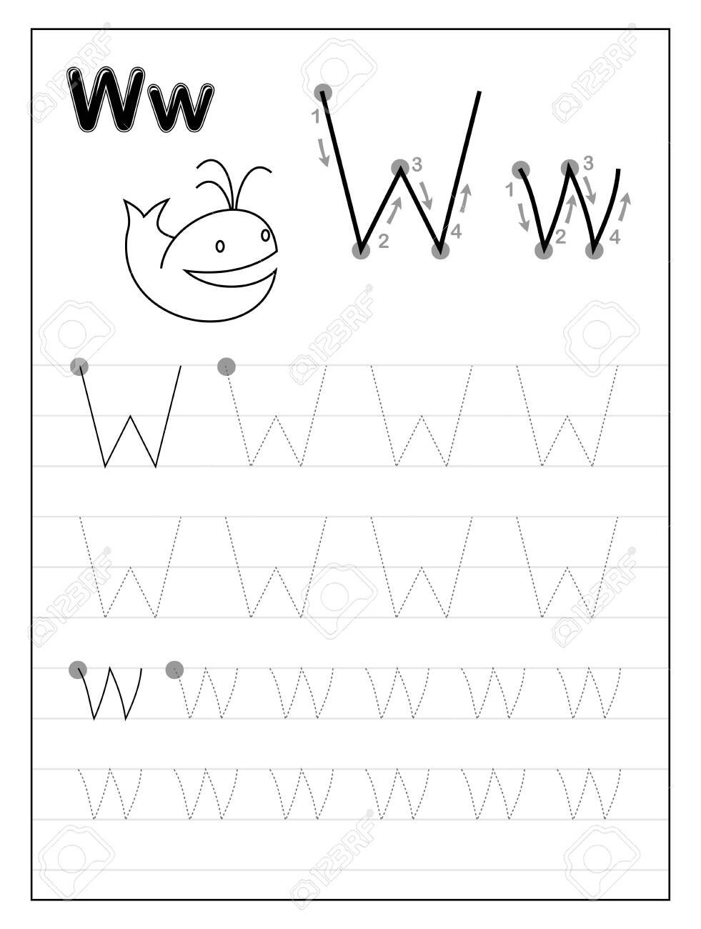 Tracing Alphabet Letter W. Black And White Educational Pages..