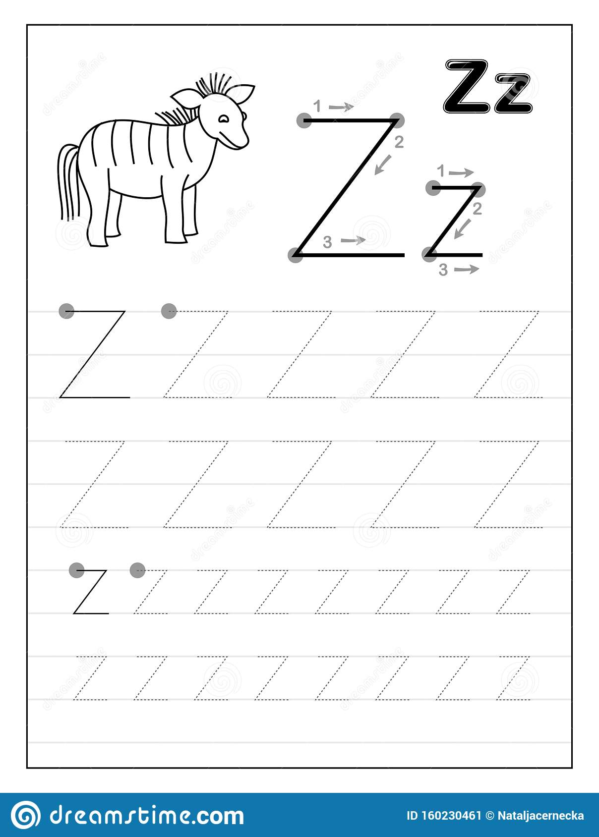 Tracing Alphabet Letter Z. Black And White Educational Pages