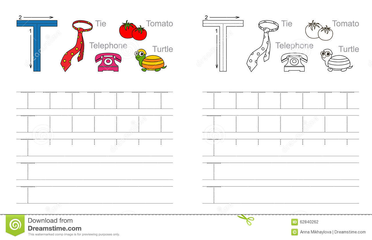 Tracing Worksheet For Letter T Stock Vector - Illustration