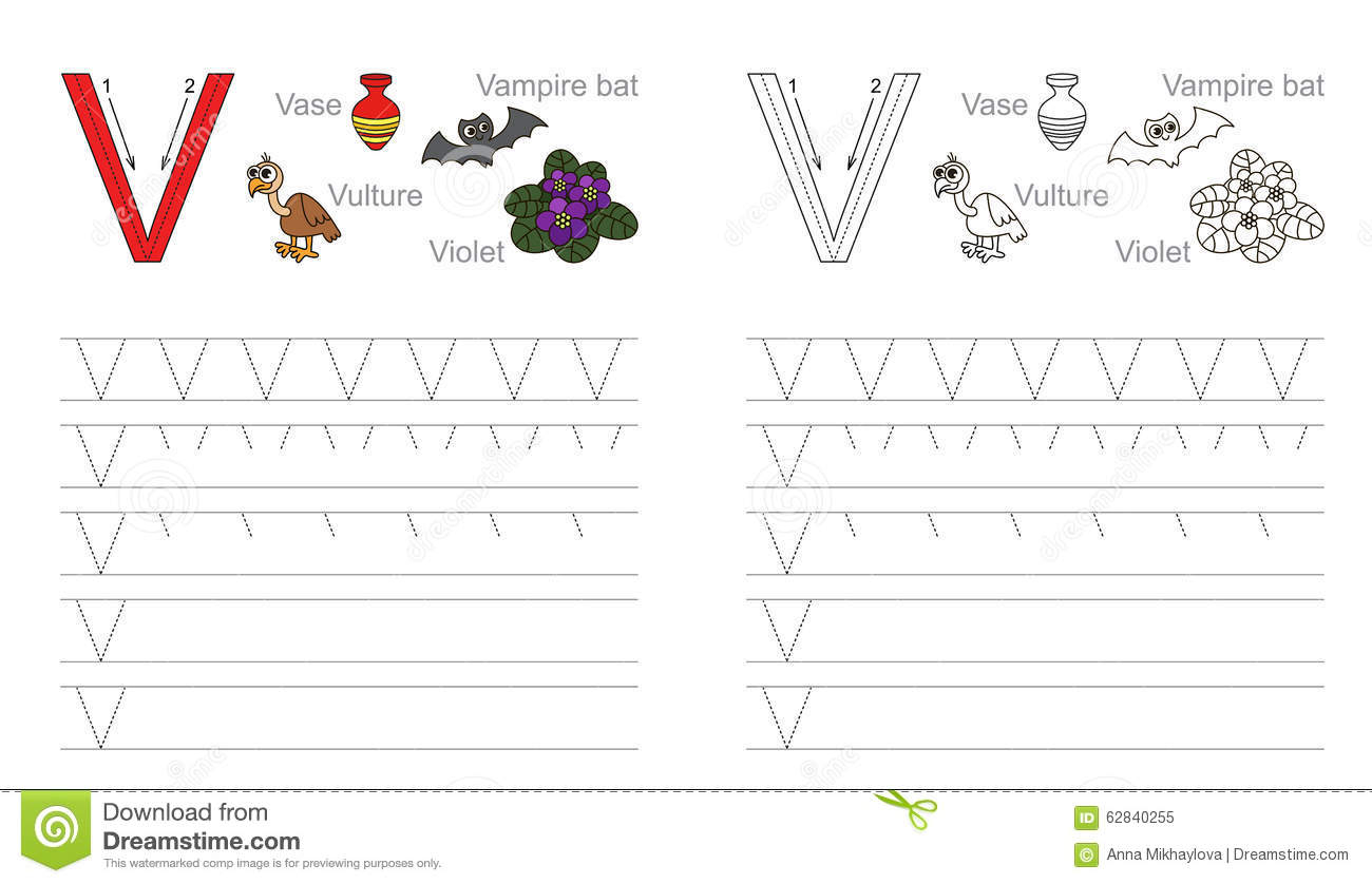 Tracing Worksheet For Letter V Stock Vector - Illustration