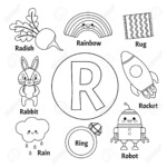Vector Cute Kids Animal Alphabet. Letter R. Set Of Cute Cartoon..