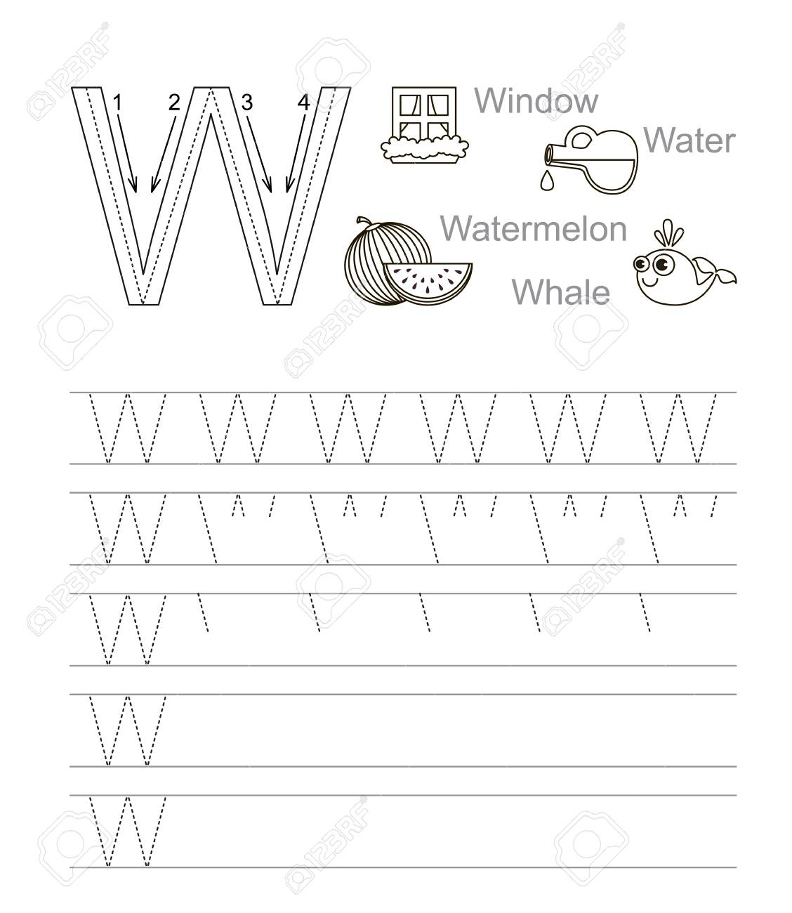 Vector Exercise Illustrated Alphabet. Learn Handwriting. Tracing..