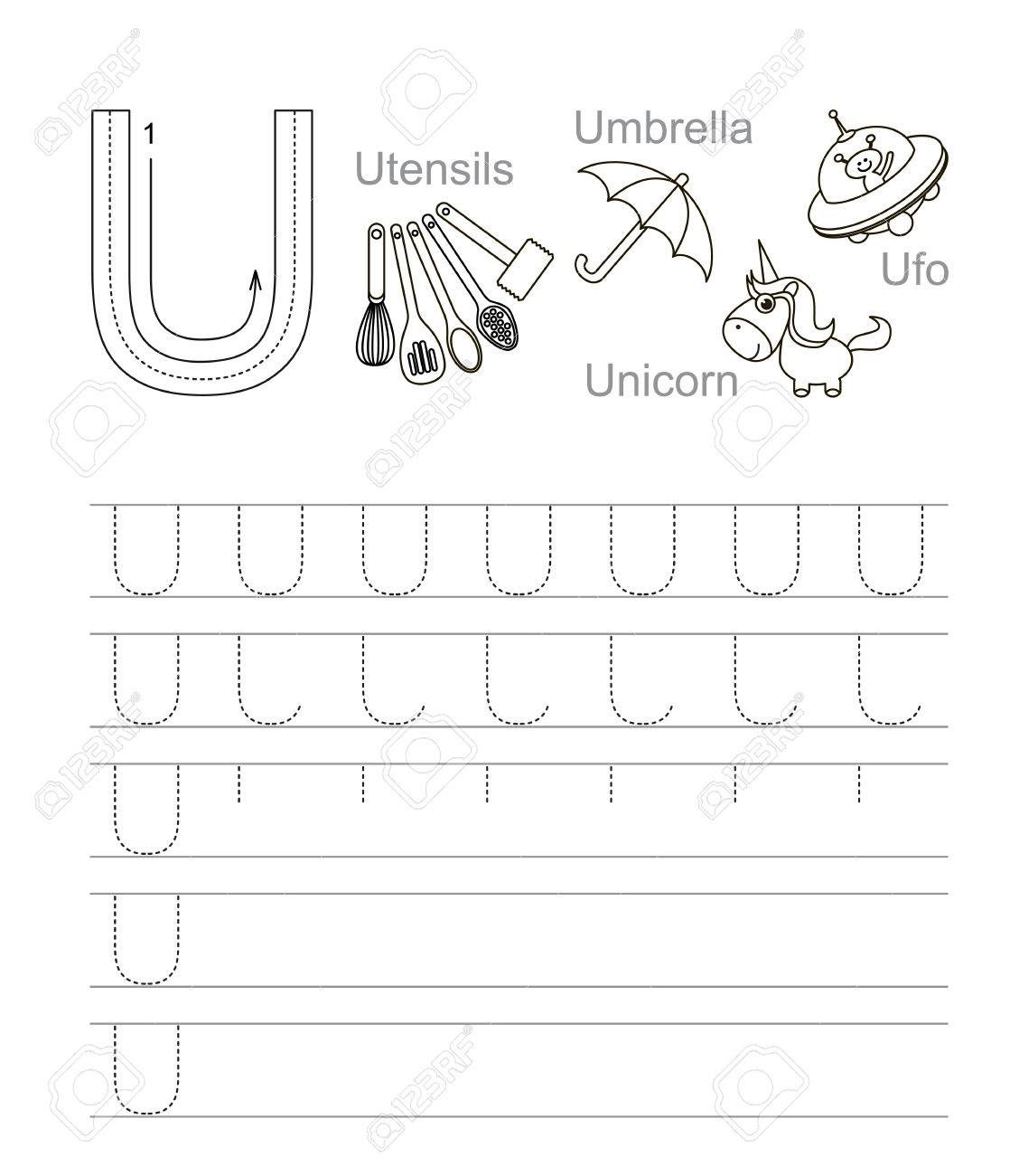 Vector Exercise Illustrated Alphabet. Learn Handwriting. Tracing..