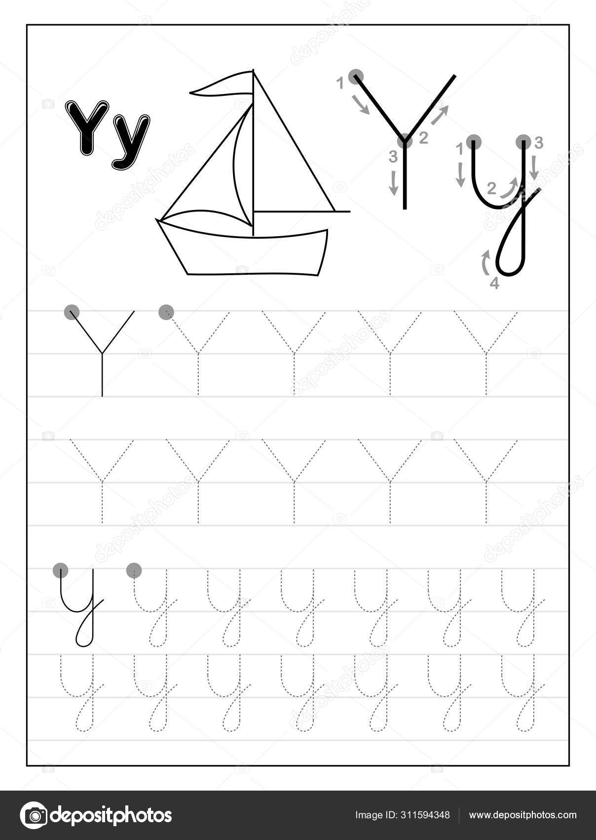 Tracing Alphabet Letter Y. Black And White Educational Pages On Line For Kids. Printable Worksheet For Children Textbook. Developing Skills Of
