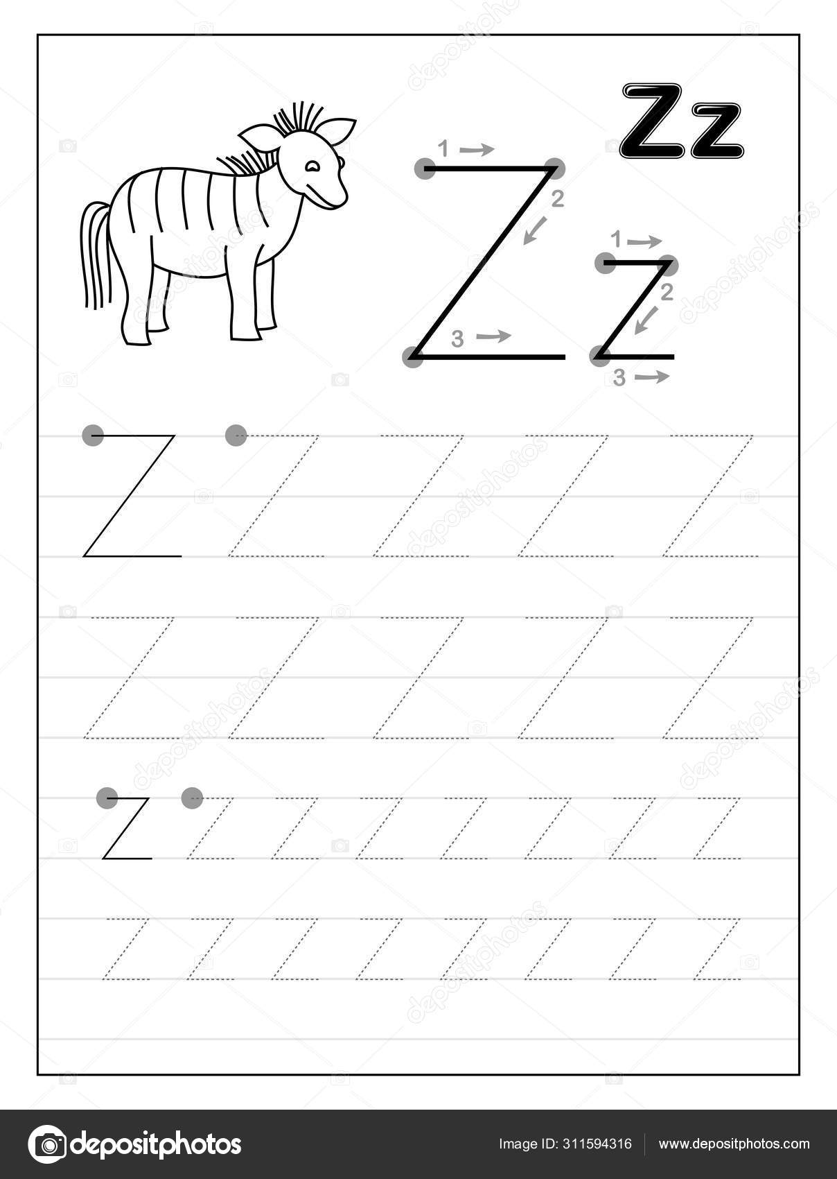 Tracing Alphabet Letter Z. Black And White Educational Pages On Line For Kids. Printable Worksheet For Children Textbook. Developing Skills Of