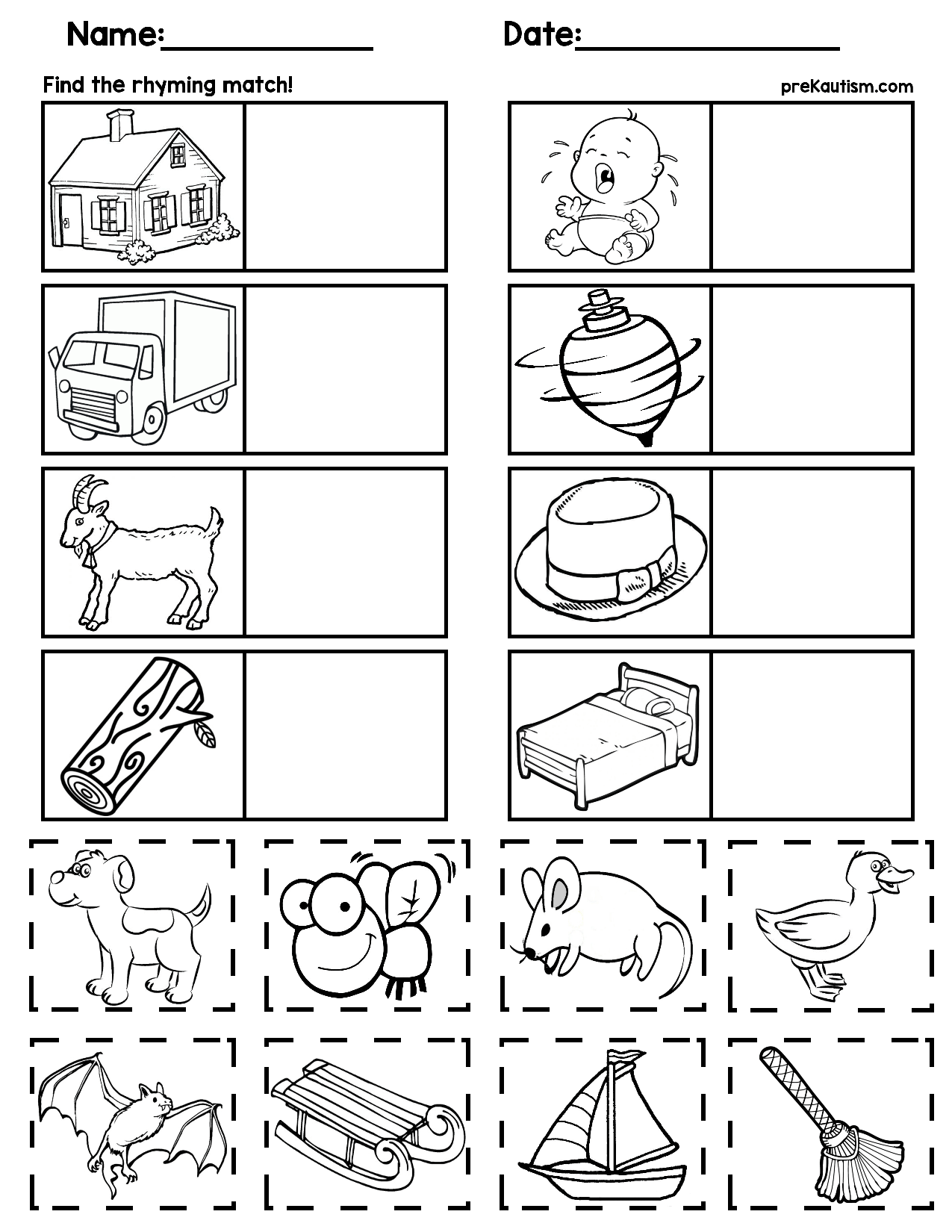 $1 | Rhyming Worksheets For Preschoolers | 5 Pages, No Prep
