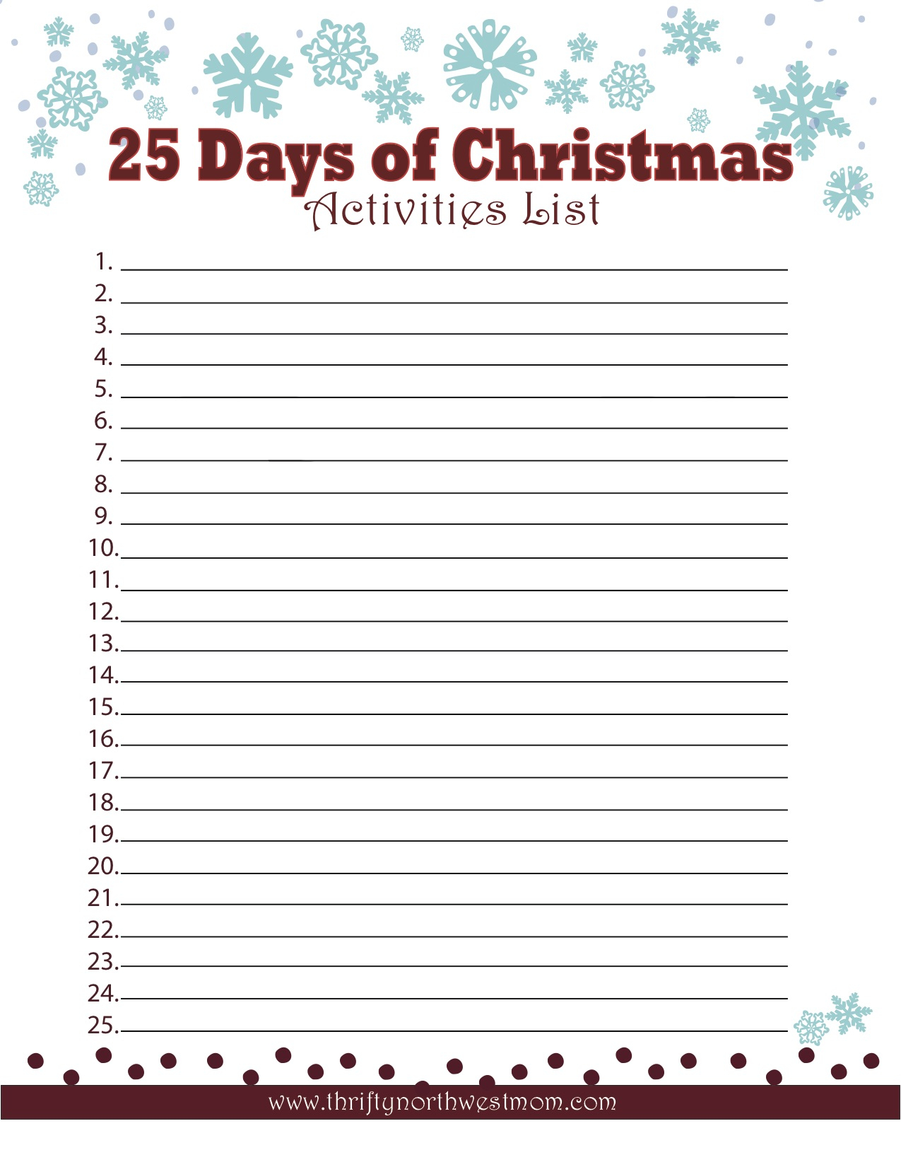 Celebrating The 25 Days Of Christmas ~ Activities List
