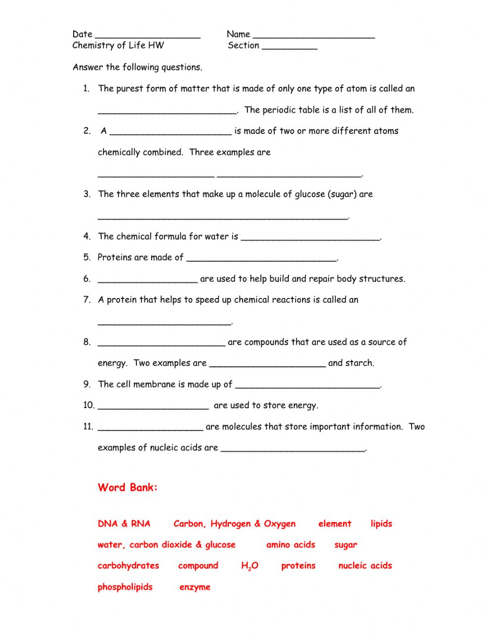 Chemistry Of Living Things Worksheet