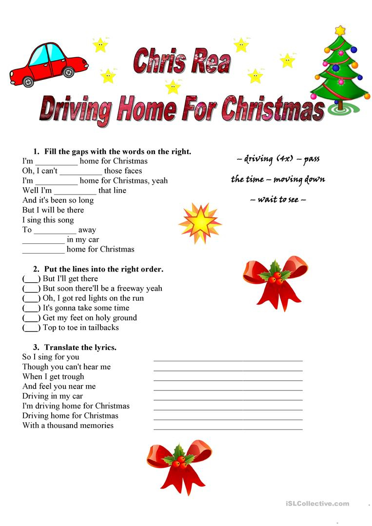 Driving for christmas. Driving Home for Christmas текст. Driving Home for Christmas Worksheet. Chris Rea Driving Home for Christmas текст. Christmas Song for Kids Worksheets.