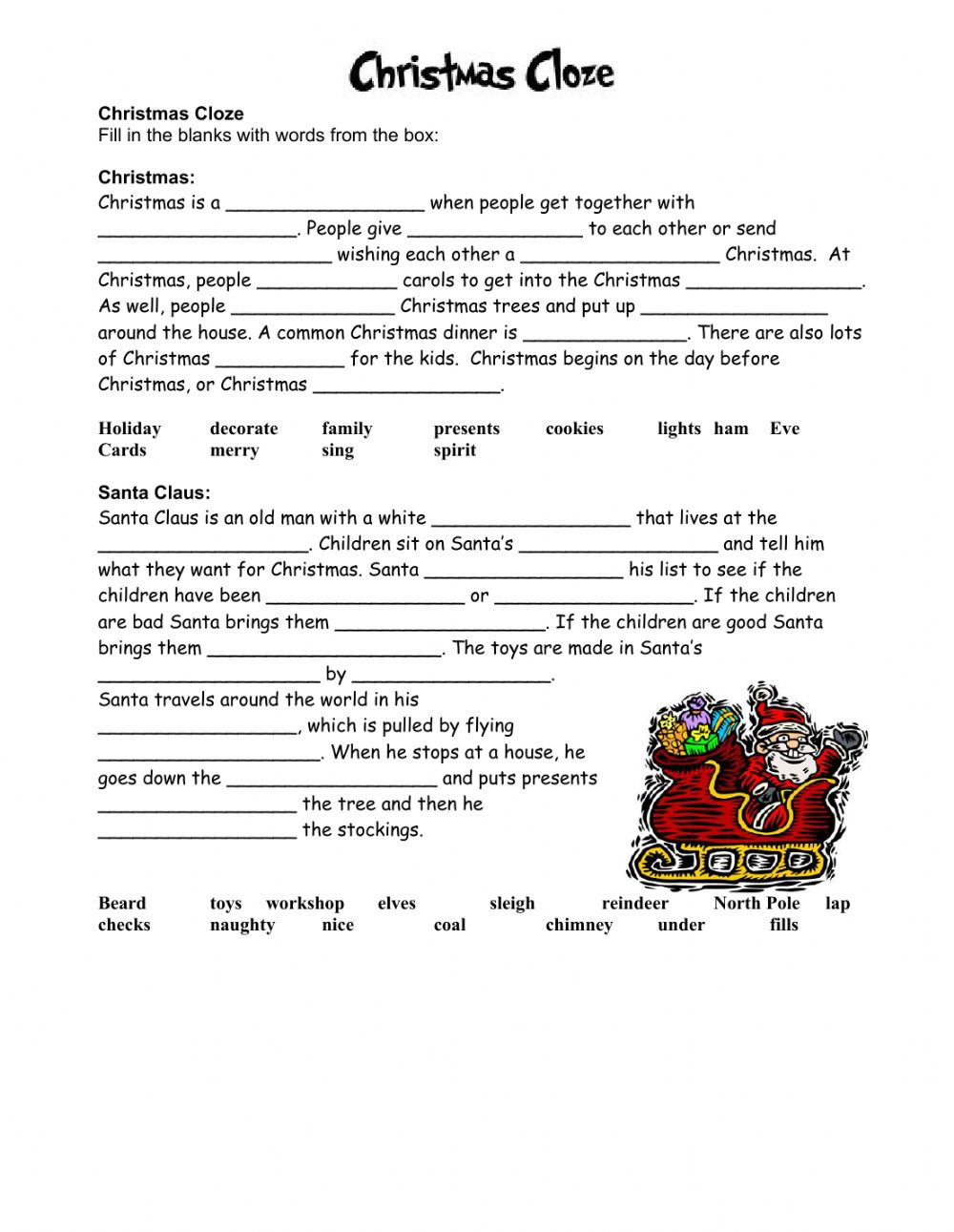 Christmas Cloze Worksheet