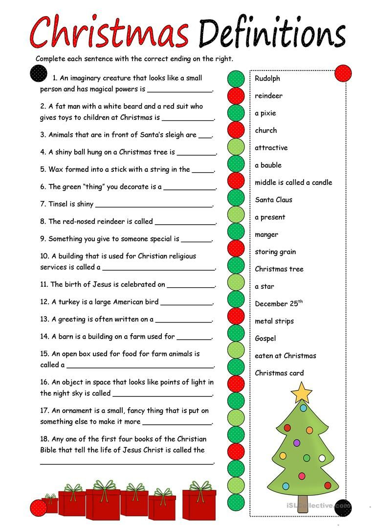 Christmas Definitions (Key Included) Worksheet - Free Esl