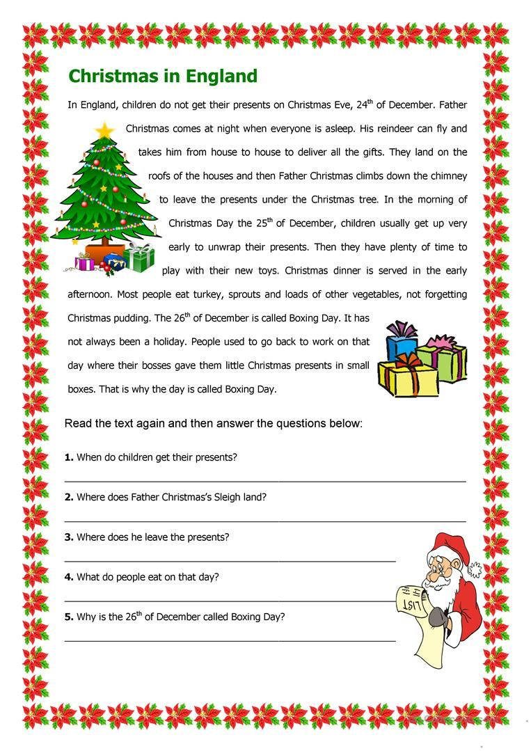 Christmas In Reading Comprehension Learn English Worksheets