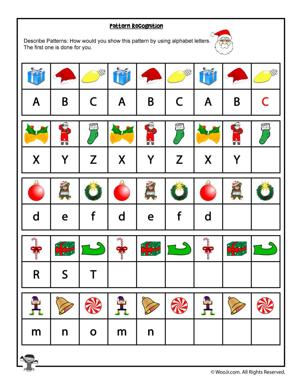 Christmas Pattern And Letter Recognition Worksheet | Woo! Jr