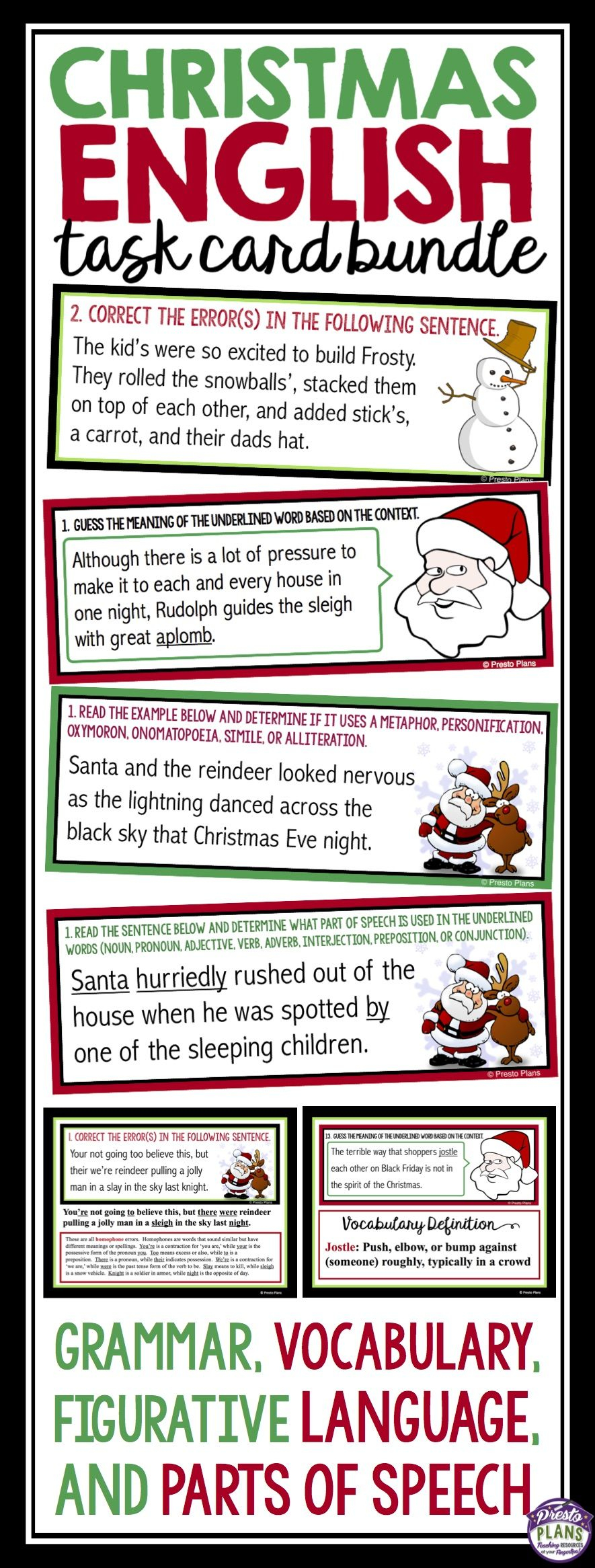 Christmas Task Cards: Grammar, Parts Of Speech, Figurative