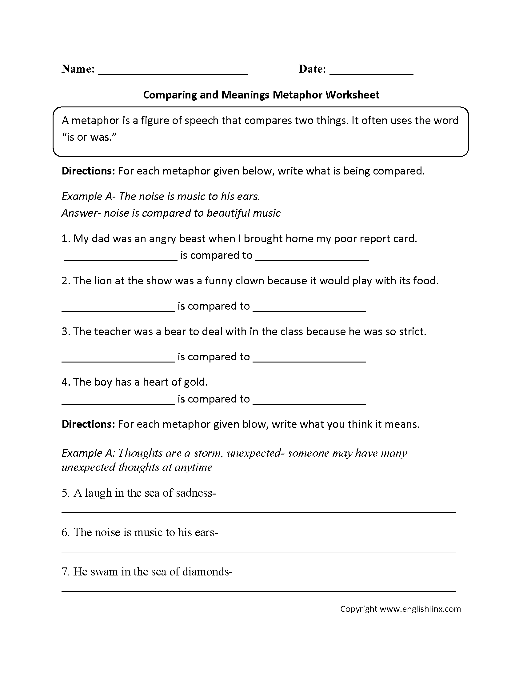 Comparing And Meanings Metaphor Worksheet In 2020 | Similes