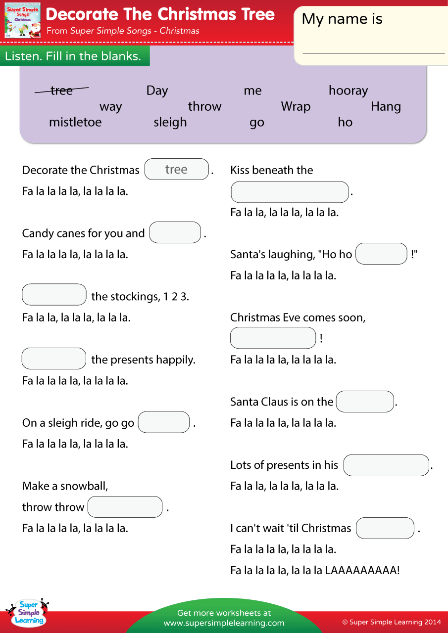 Decorate The Christmas Tree Worksheet - Fill In The Blanks