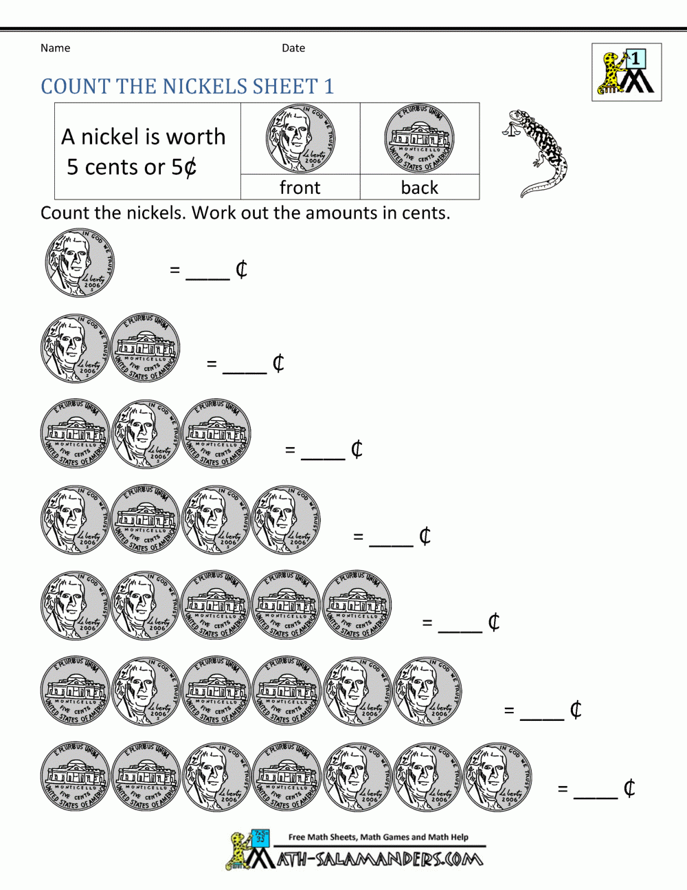 Free Math Money Worksheets 1St Grade Count The Nickels Work