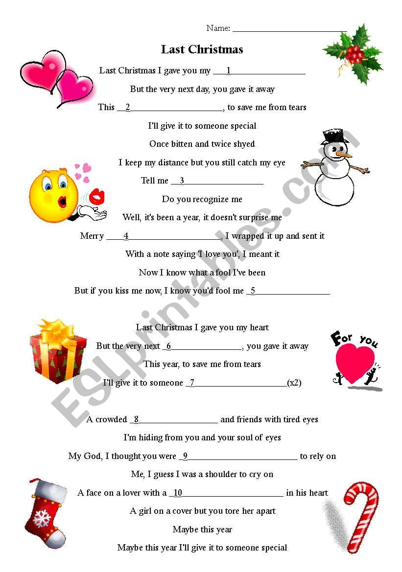 Last Christmas Fill In The Blanks - Esl Worksheetsuterja