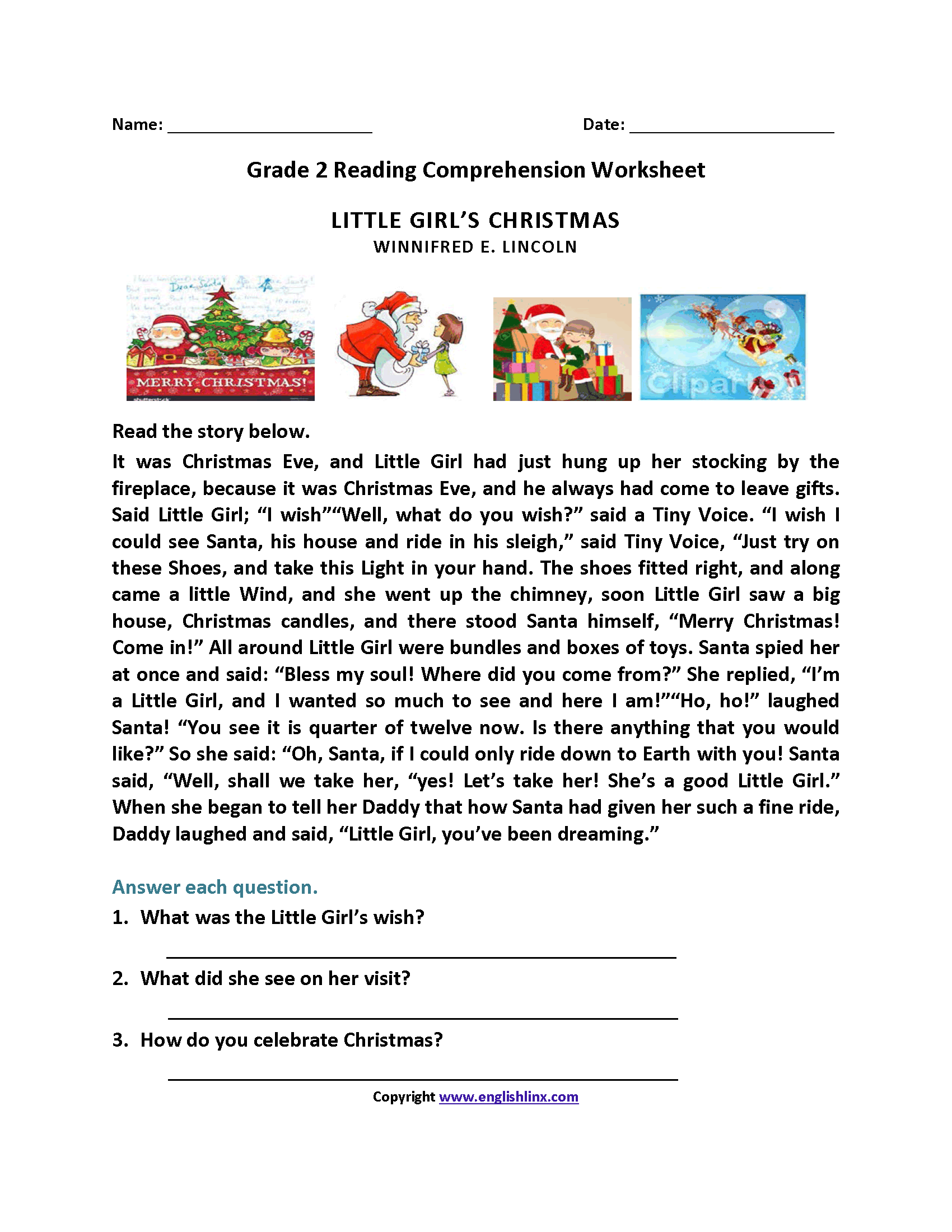 Little Girl&amp;#039;s Christmas Second Grade Reading Worksheets