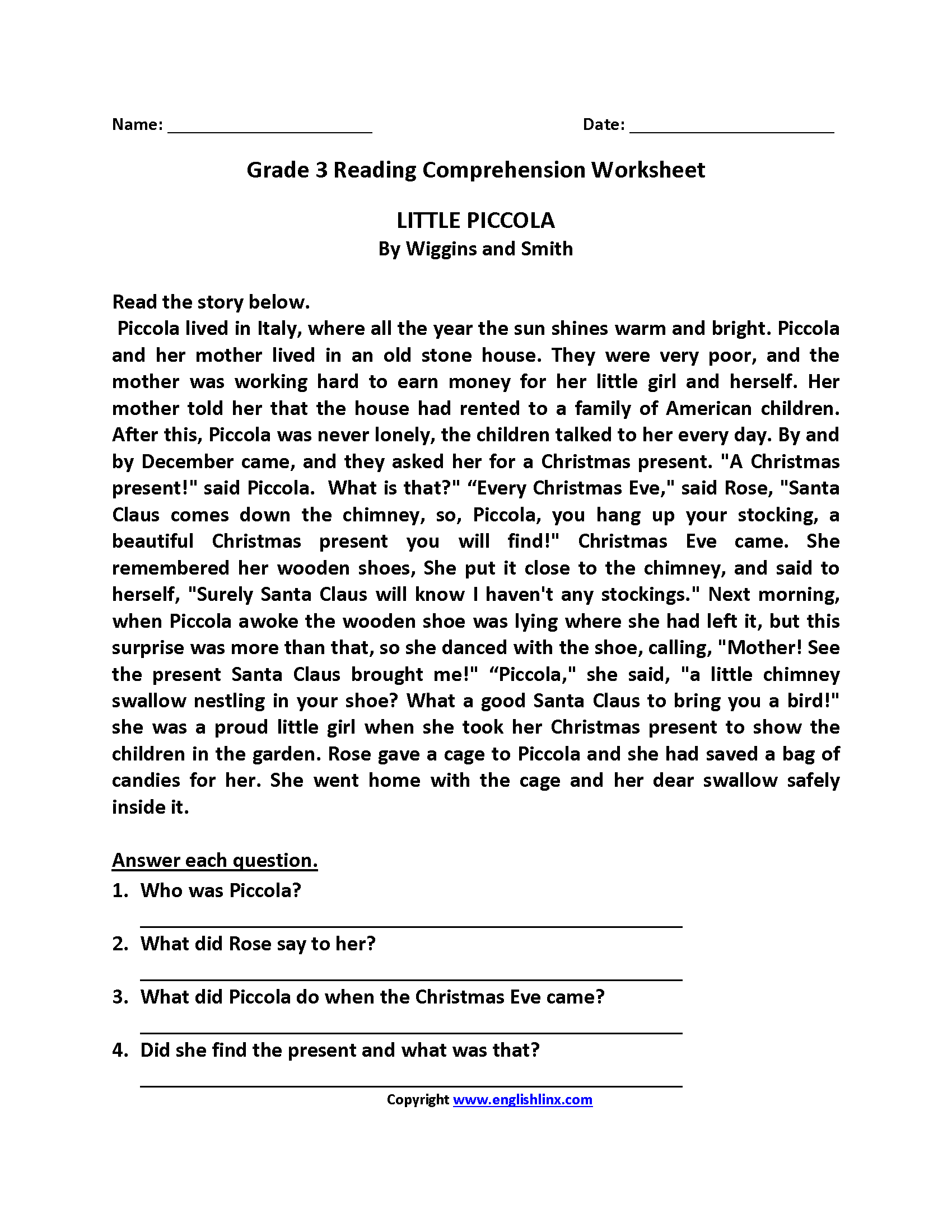 Little Piccola Third Grade Reading Worksheets | Third Grade