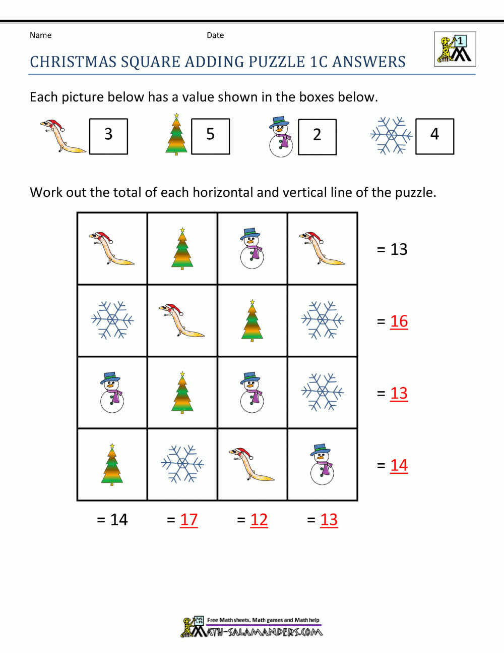 Math Christmas Worksheets First Grade