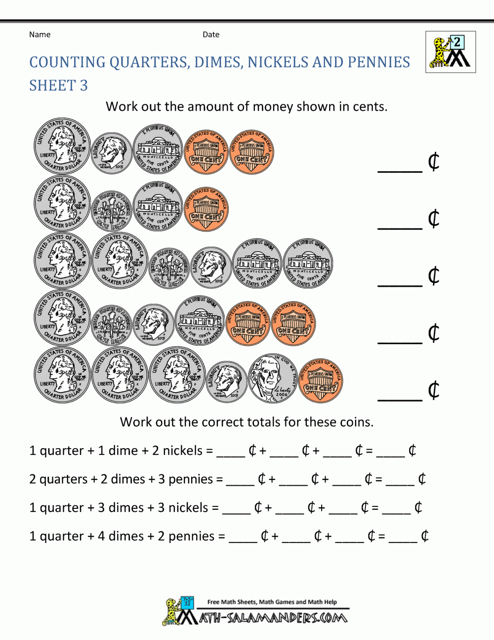 Math Worksheet ~ Money Printableets Counting Quarters Dimes