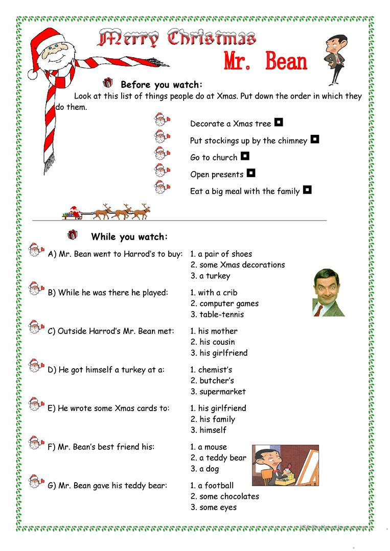 Mr Bean Merry Xmas - English Esl Worksheets For Distance