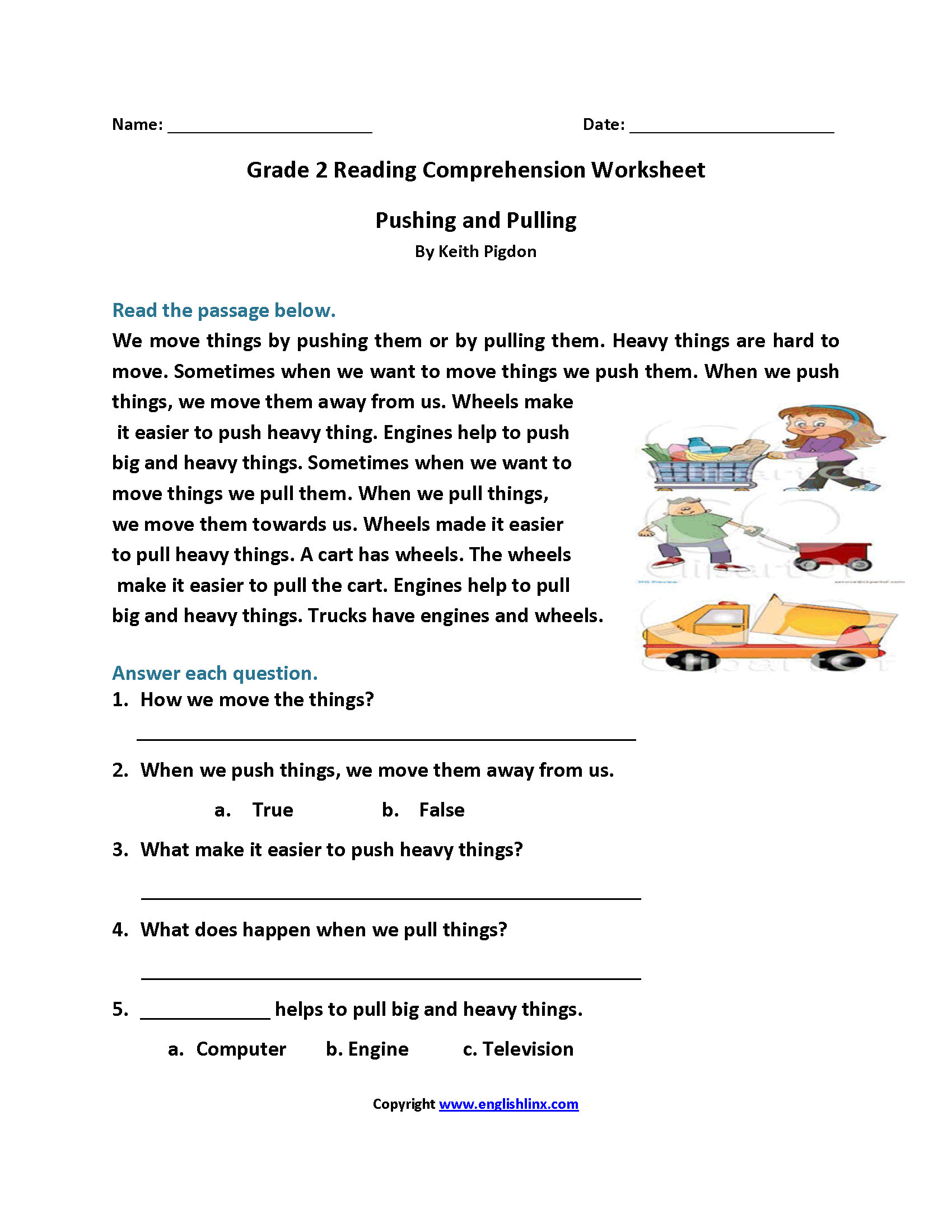 Pushing And Pulling Second Grade Reading Worksheets Elad