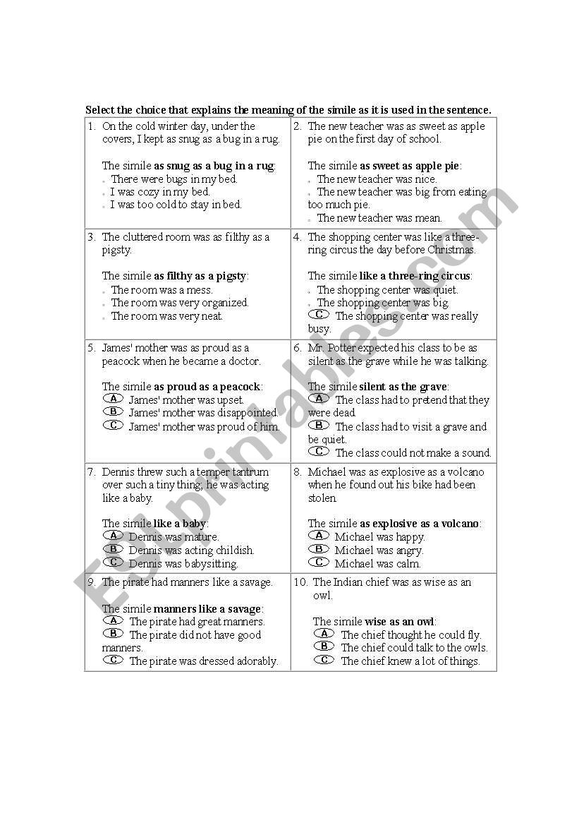 Simile And Metaphor Worksheet - Esl Worksheetawoods