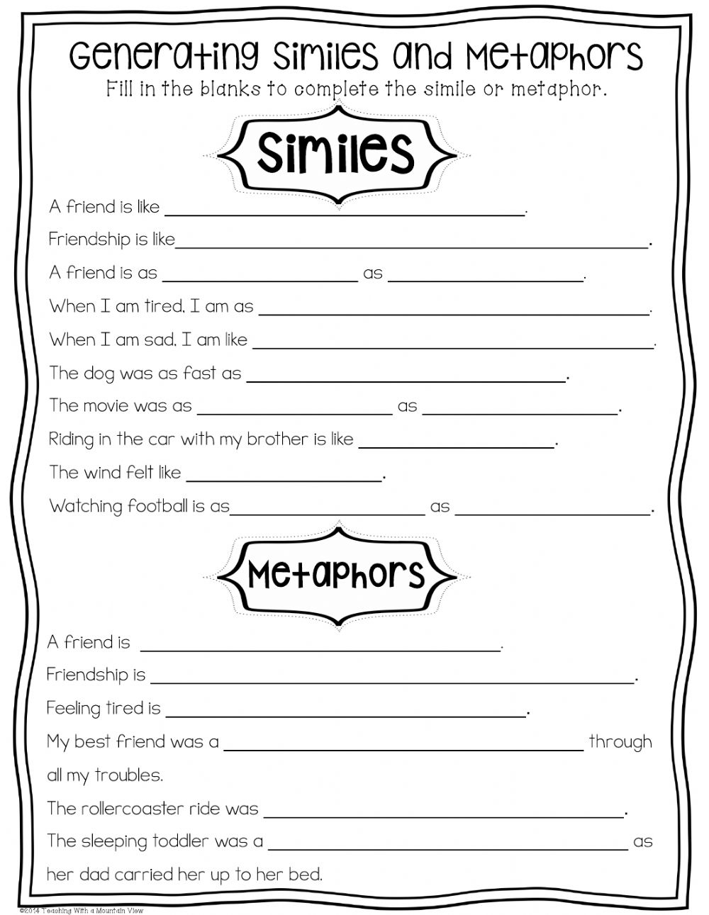 Identifying Simile And Metaphor Worksheet