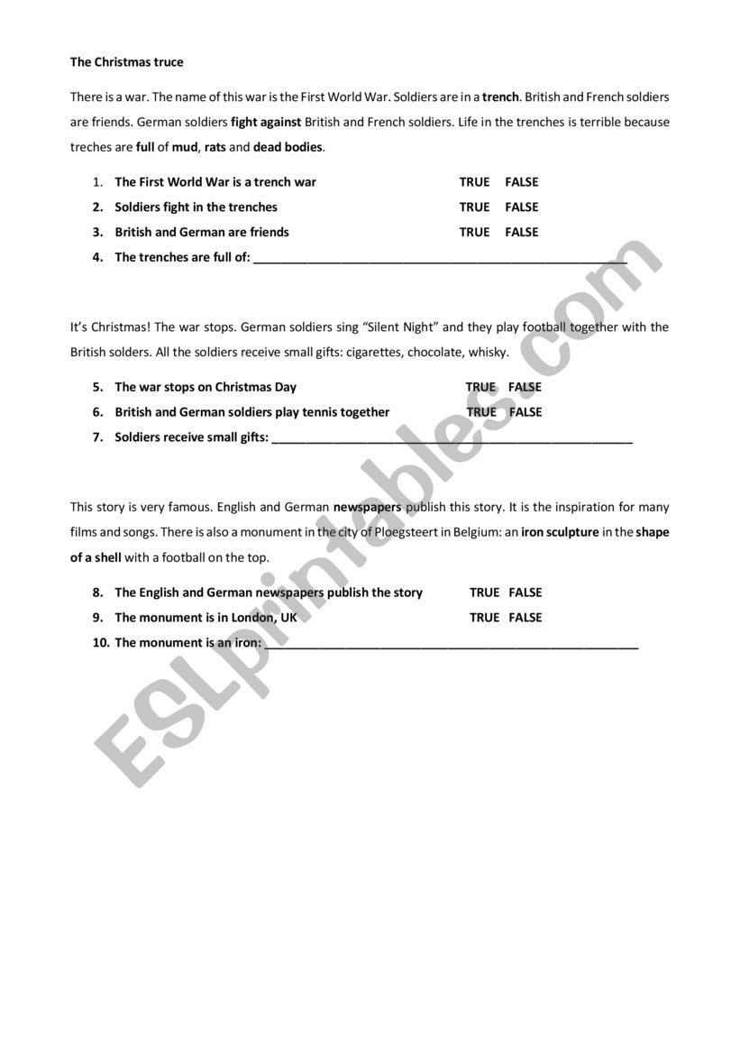 The Christmas Truce - Esl Worksheetlullabyxx