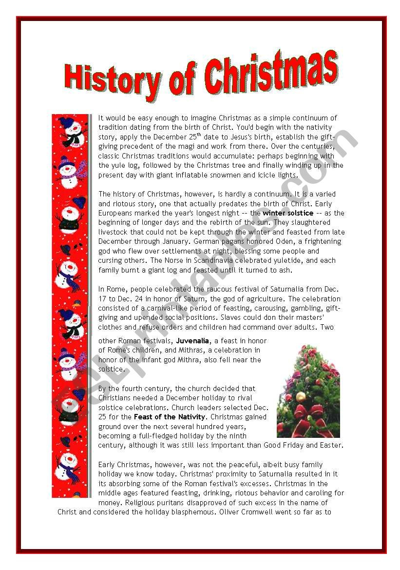 The History Of Christmas - 4 Pages - Esl Worksheetmarsala