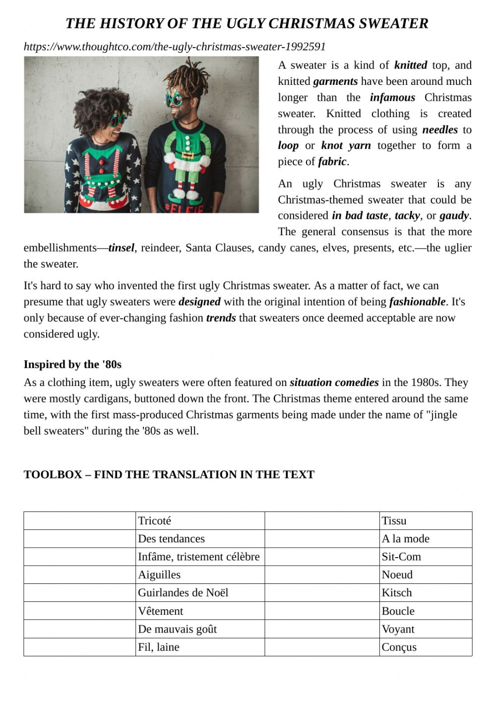 The History Of The Ugly Christmas Sweater Worksheet