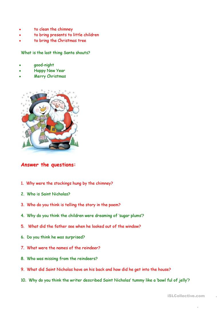 Twas The Night Before Christmas - Comprehension Questions