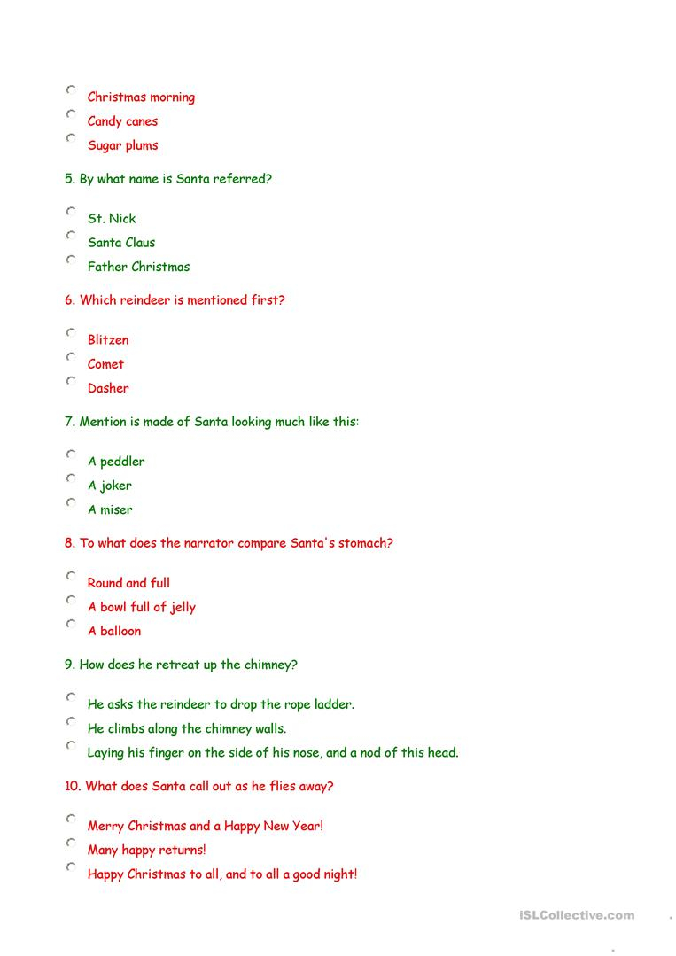 Twas The Night Before Christmas - Comprehension Questions