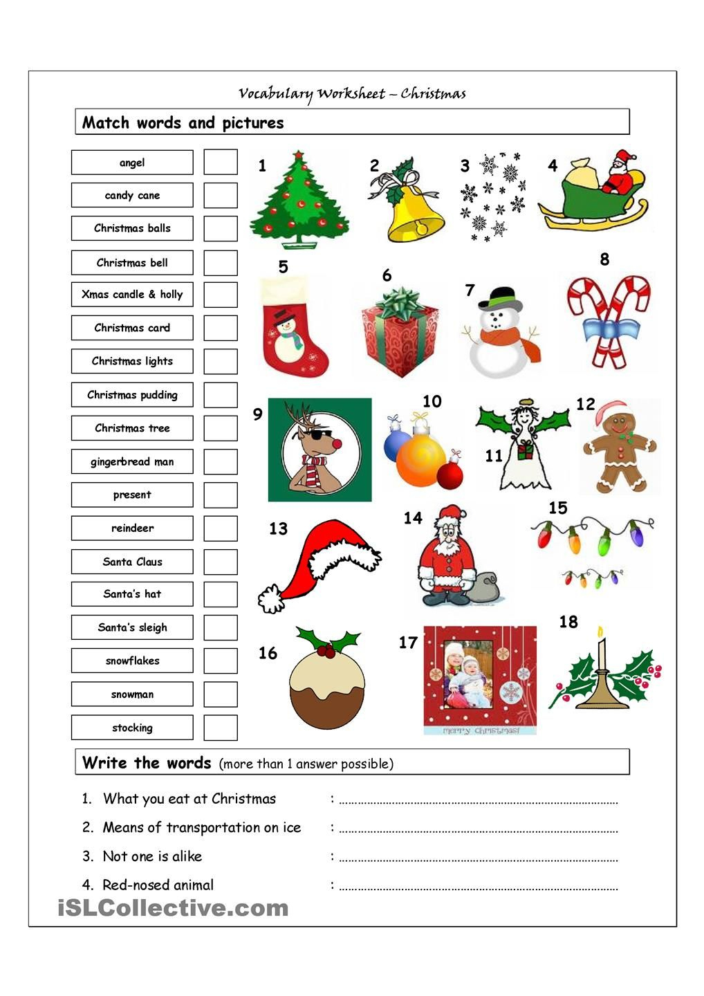 Vocabulary Matching Worksheet - Xmas | Christmas Worksheets