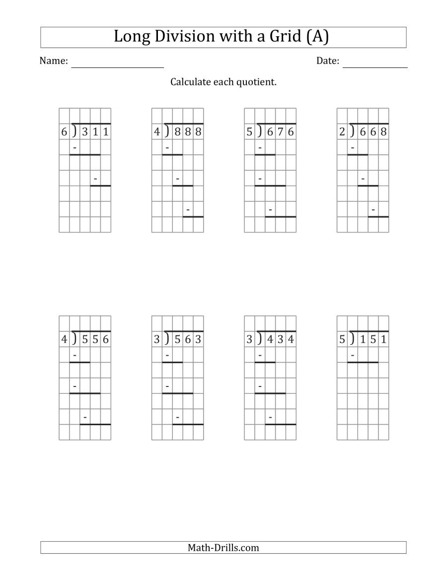 3-Digit1-Digit Long Division With Remainders With Grid