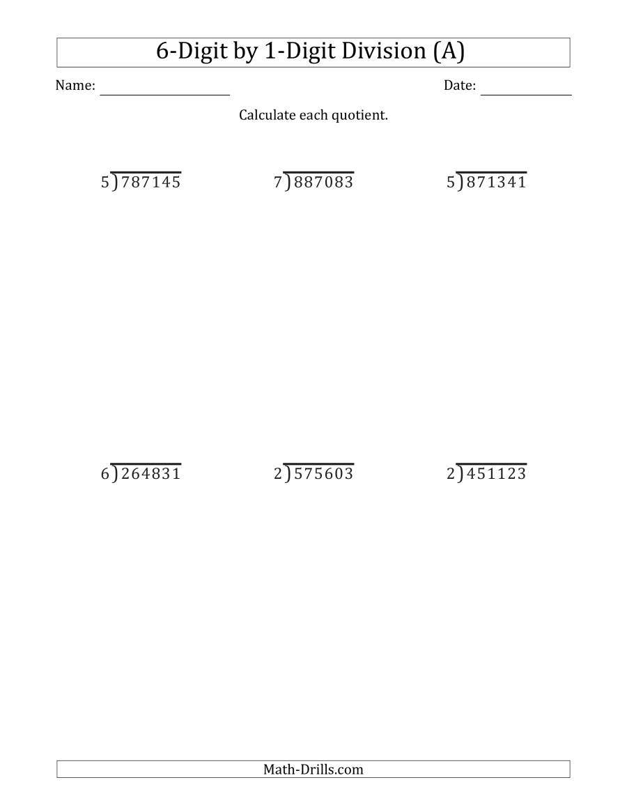 6-Digit1-Digit Long Division With Remainders And Steps