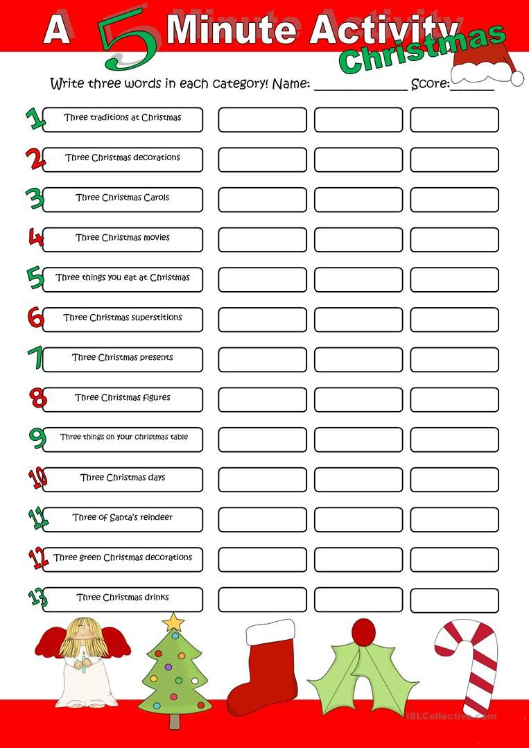 A 5 Minute Activity Christmas Worksheet - Free Esl Printable