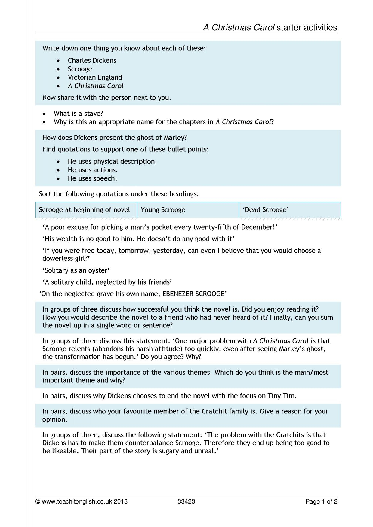 A Christmas Carol Printable Worksheets | Printable