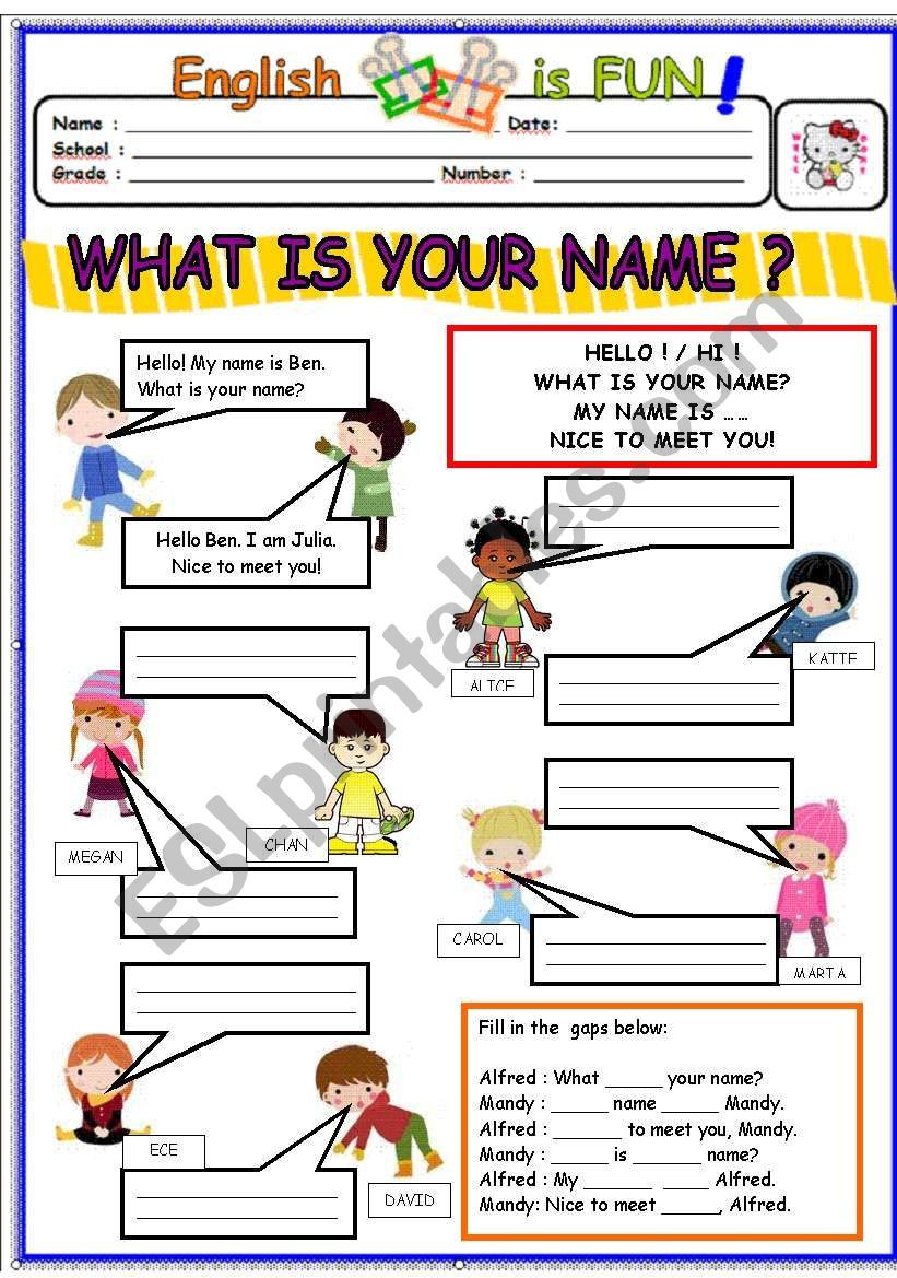 A Worksheet On Introducing Yourself Hello, What Is Your Name
