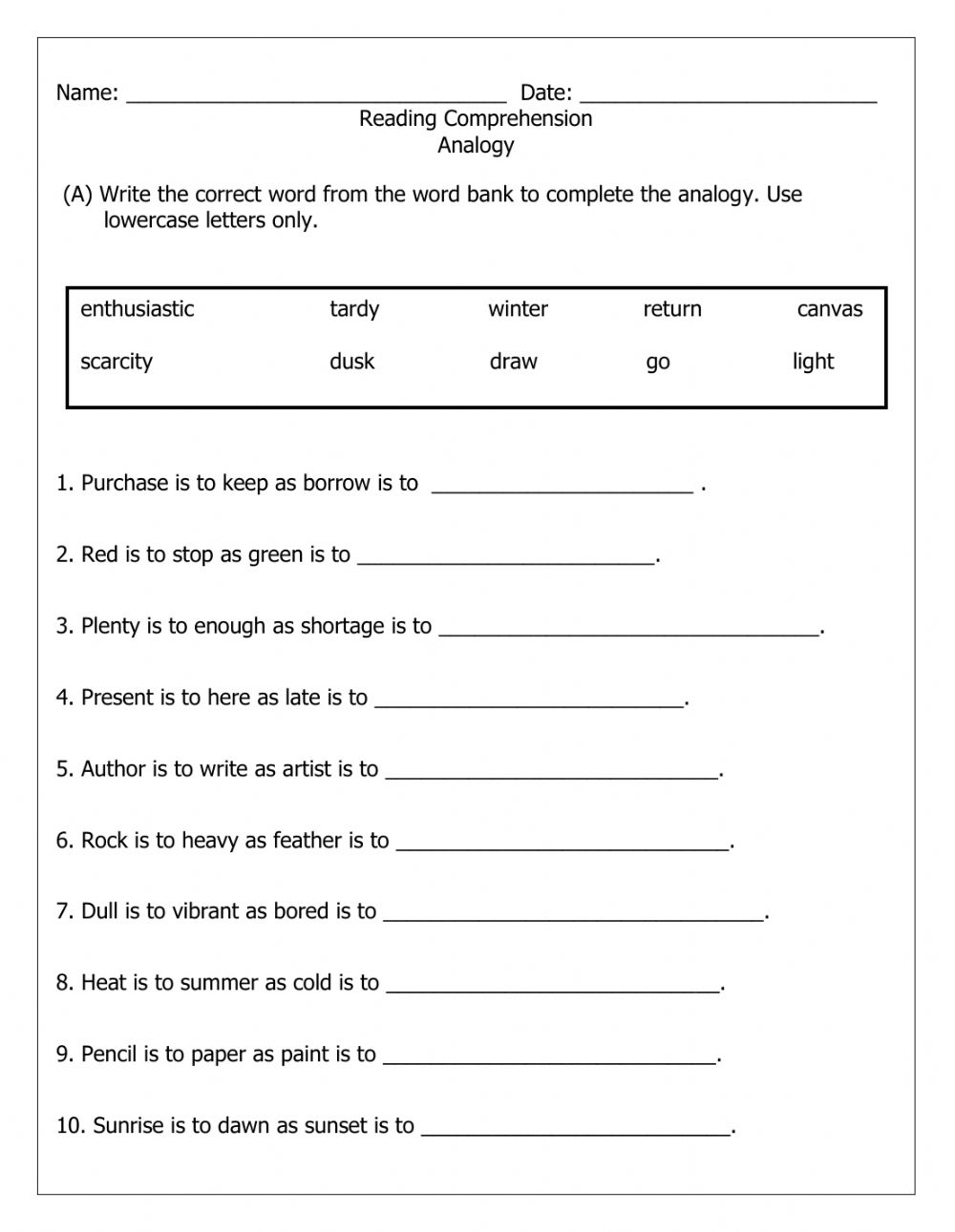 Analogy Worksheet