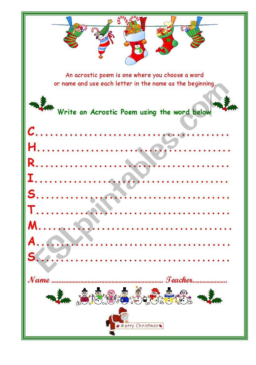 Christmas Acrostic - Esl Worksheetvenezababi