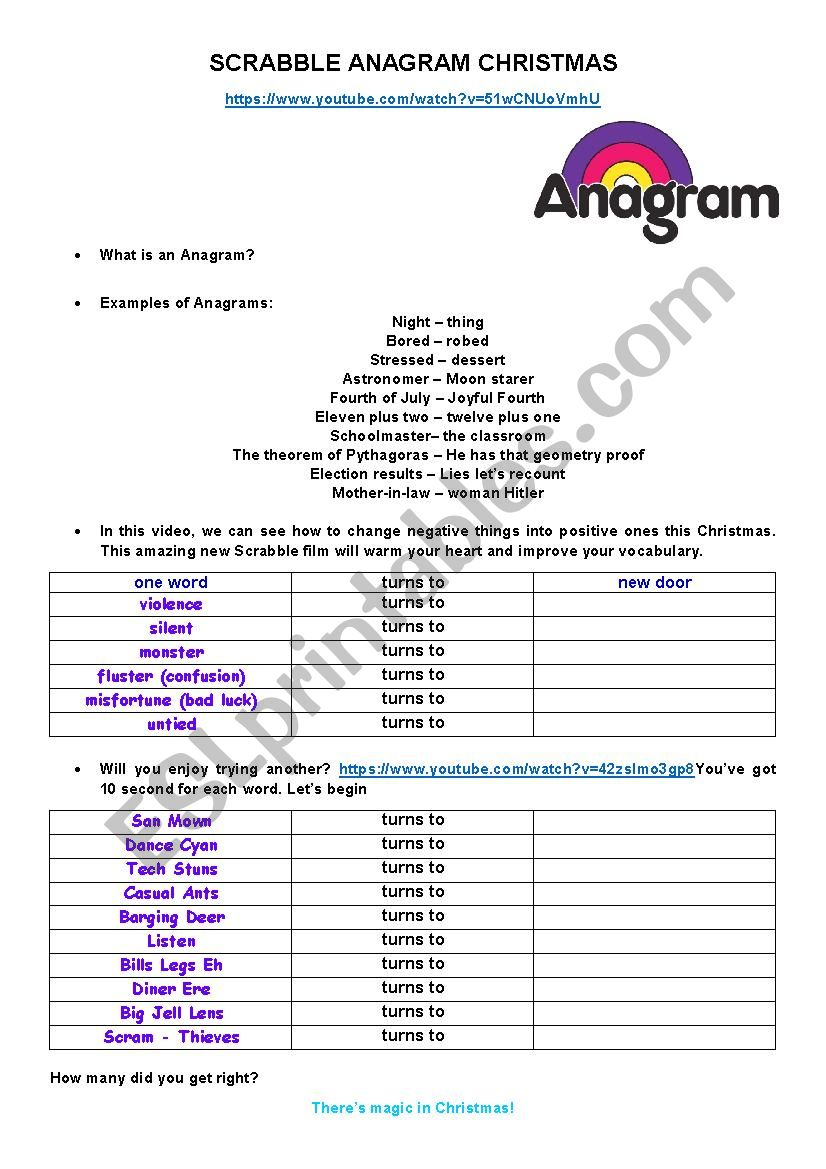 Christmas Anagram Scrabble - Esl Worksheetmirabai