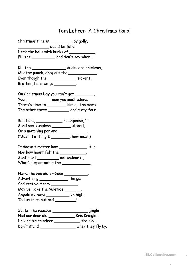 Christmas Carol Cloze - English Esl Worksheets For Distance