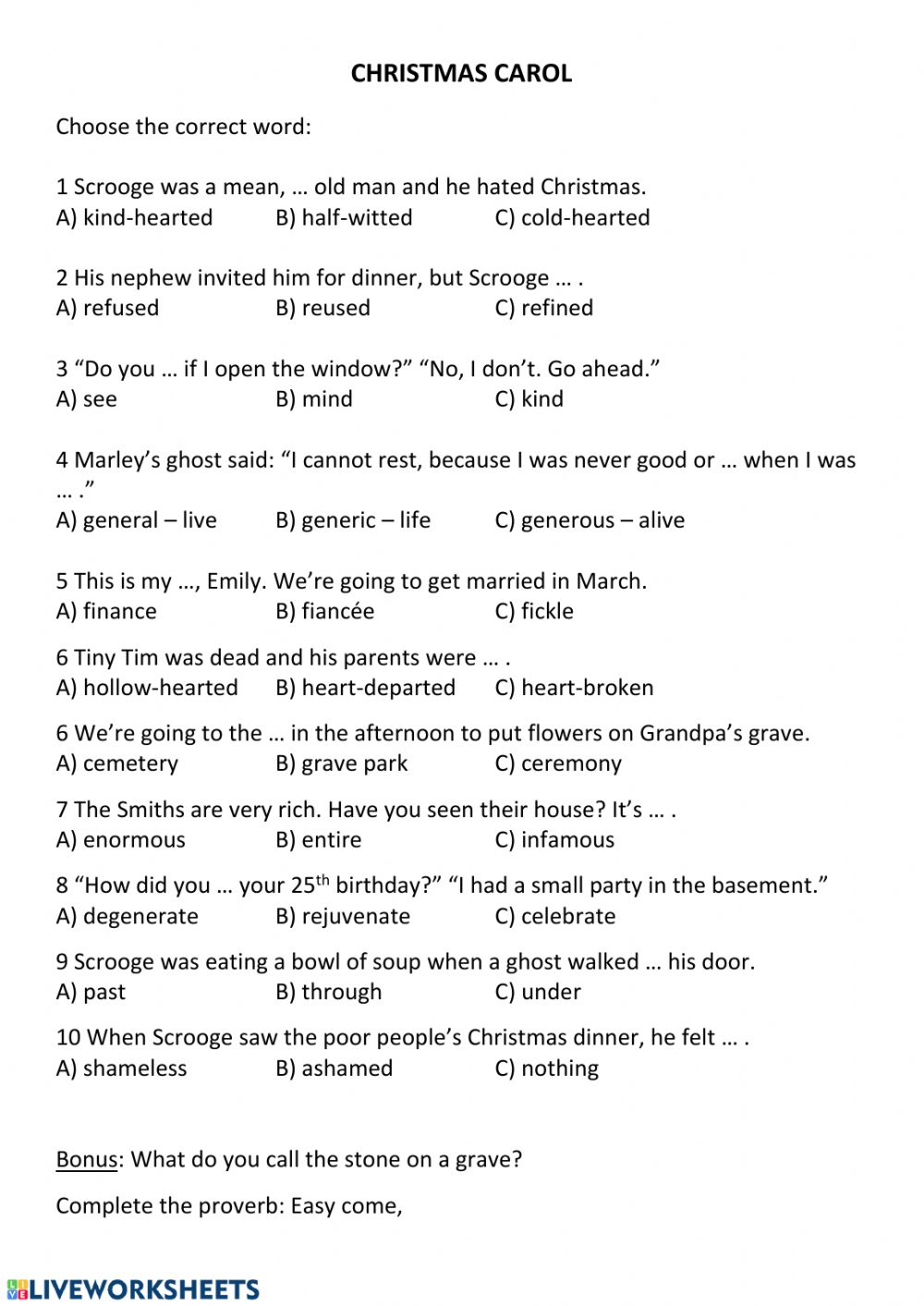 Christmas Carol - Vocabulary Worksheet