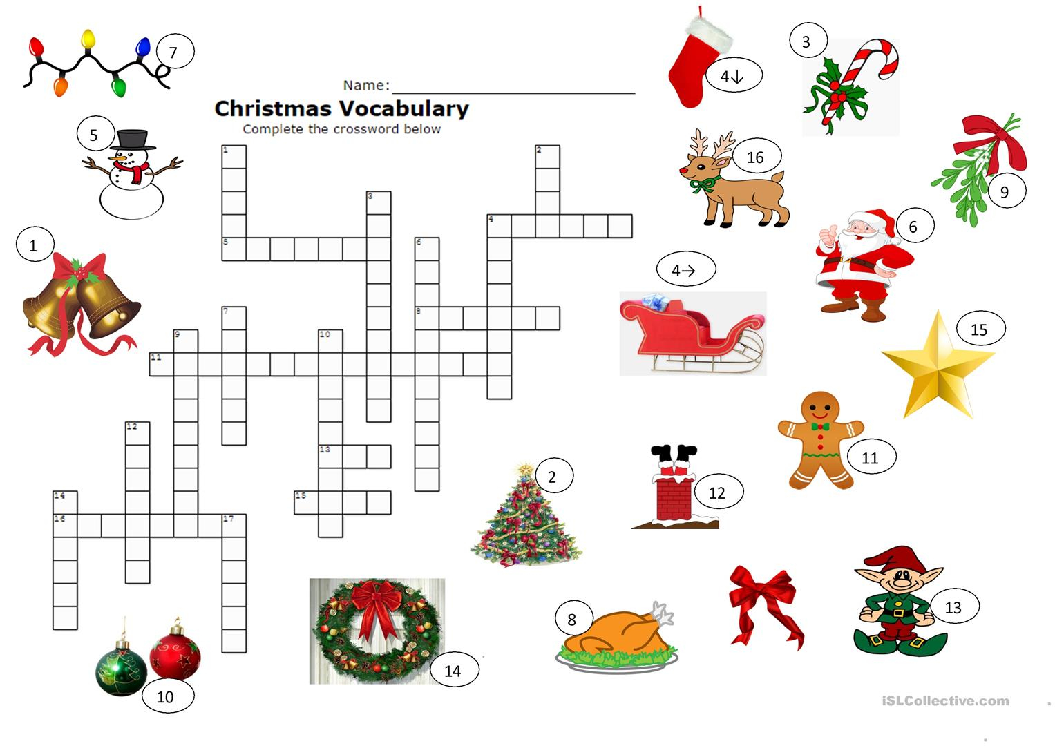Christmas Crossword - English Esl Worksheets For Distance