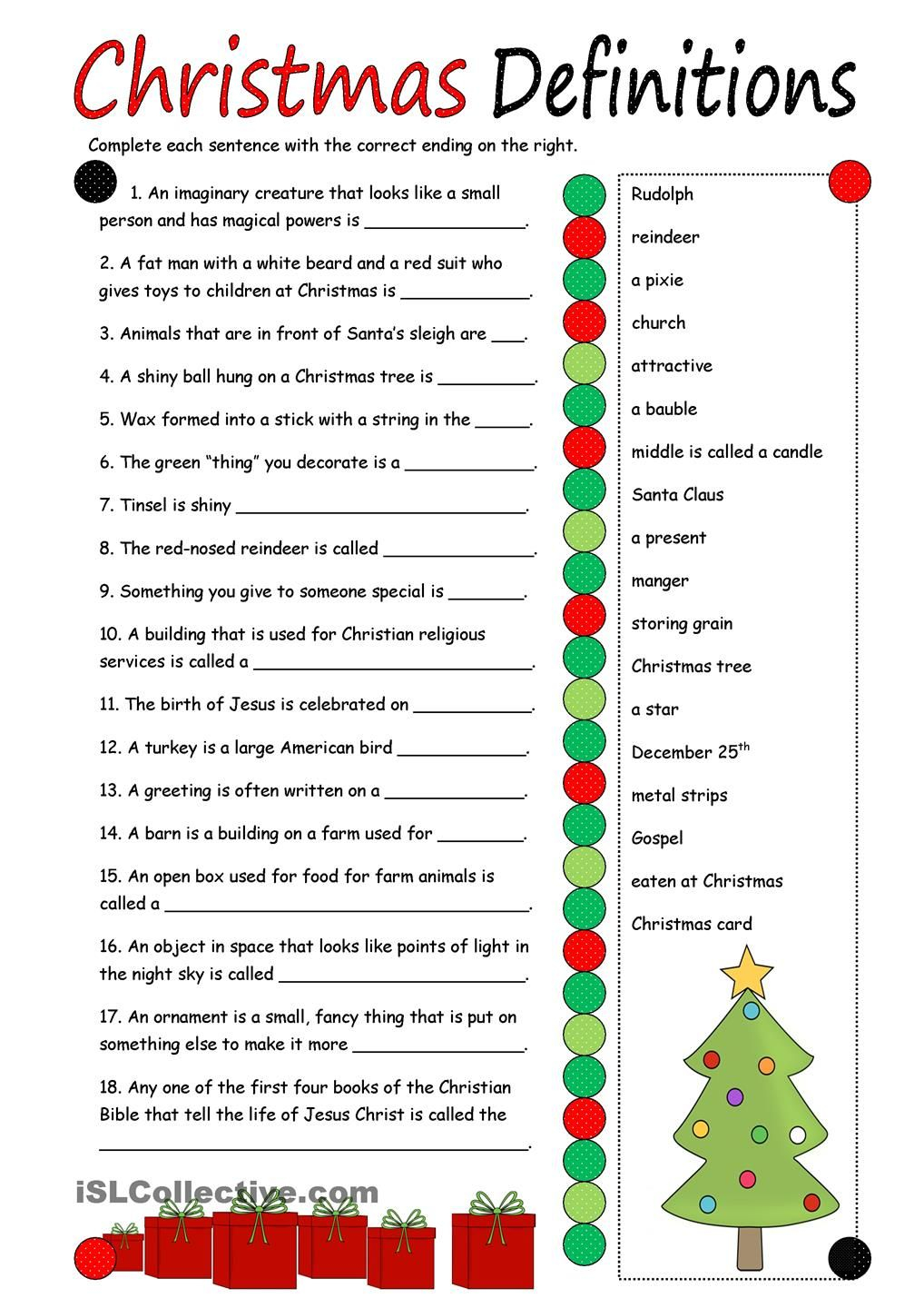 Christmas Definitions (Key Included) | Christmas Elementary